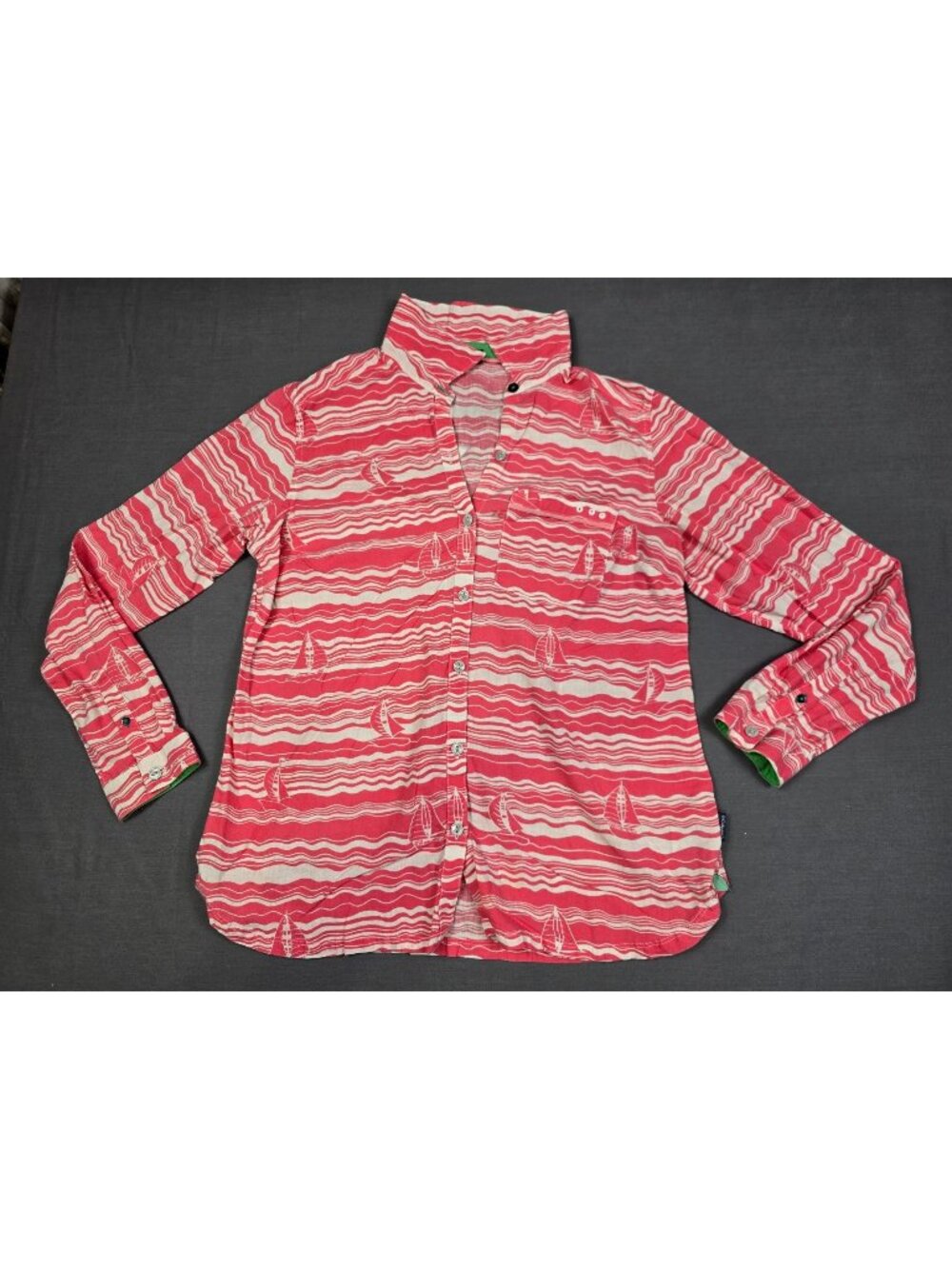 Columbia Womens Large Pink/White Wave & Sailboat Button-Up Shirt Linen Blend